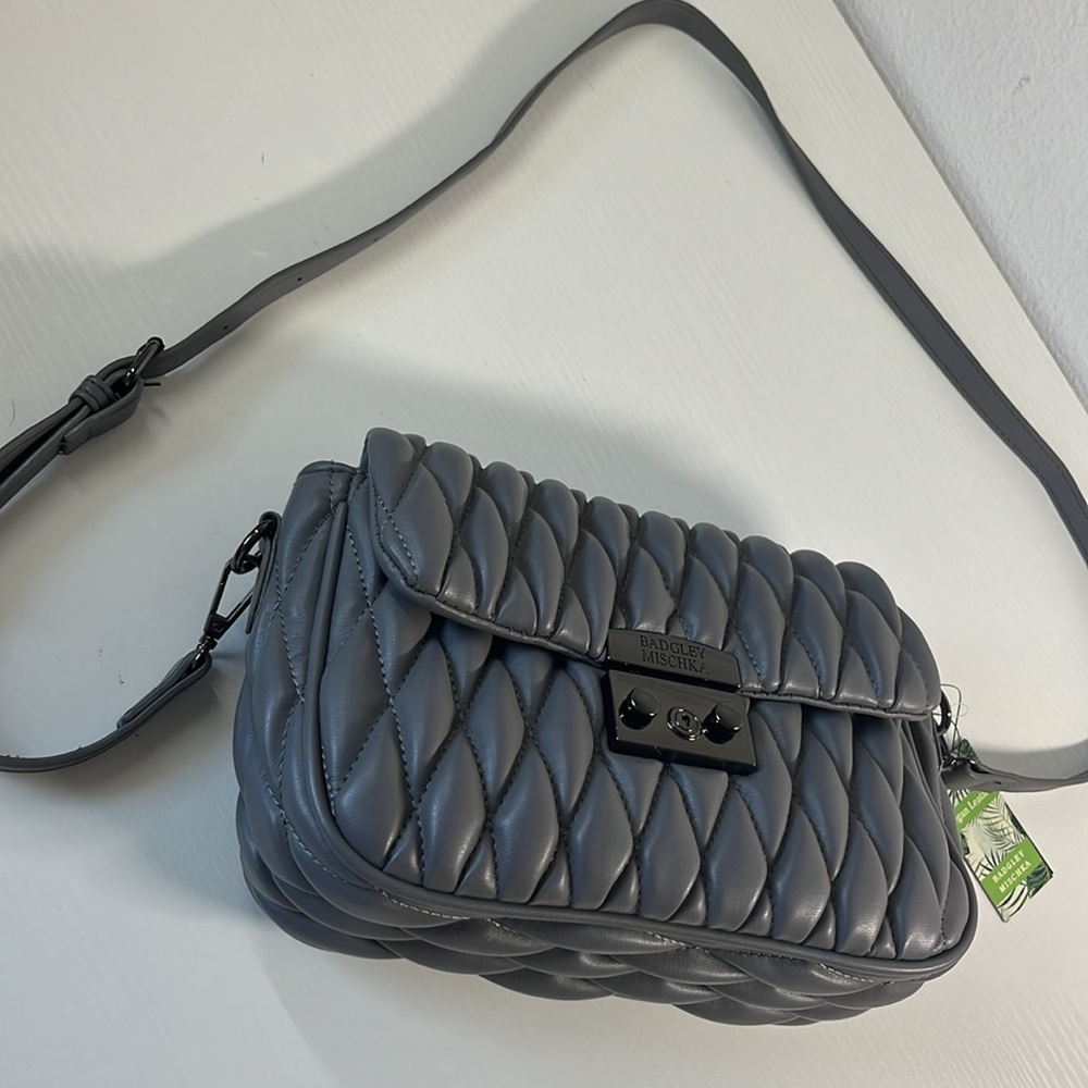 Nwt. Badgley Mischka grey mini quilted messenger bag